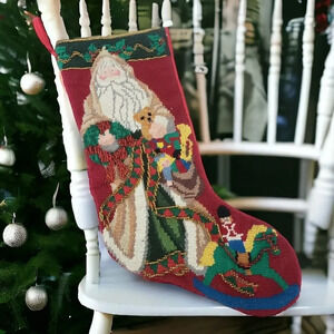 Vintage Needlepoint Petitepoint Beaded Christmas Stocking Old World Santa